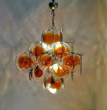 Vintage Murano Orange Brown Transparent Disc Chandelier - Nuvé