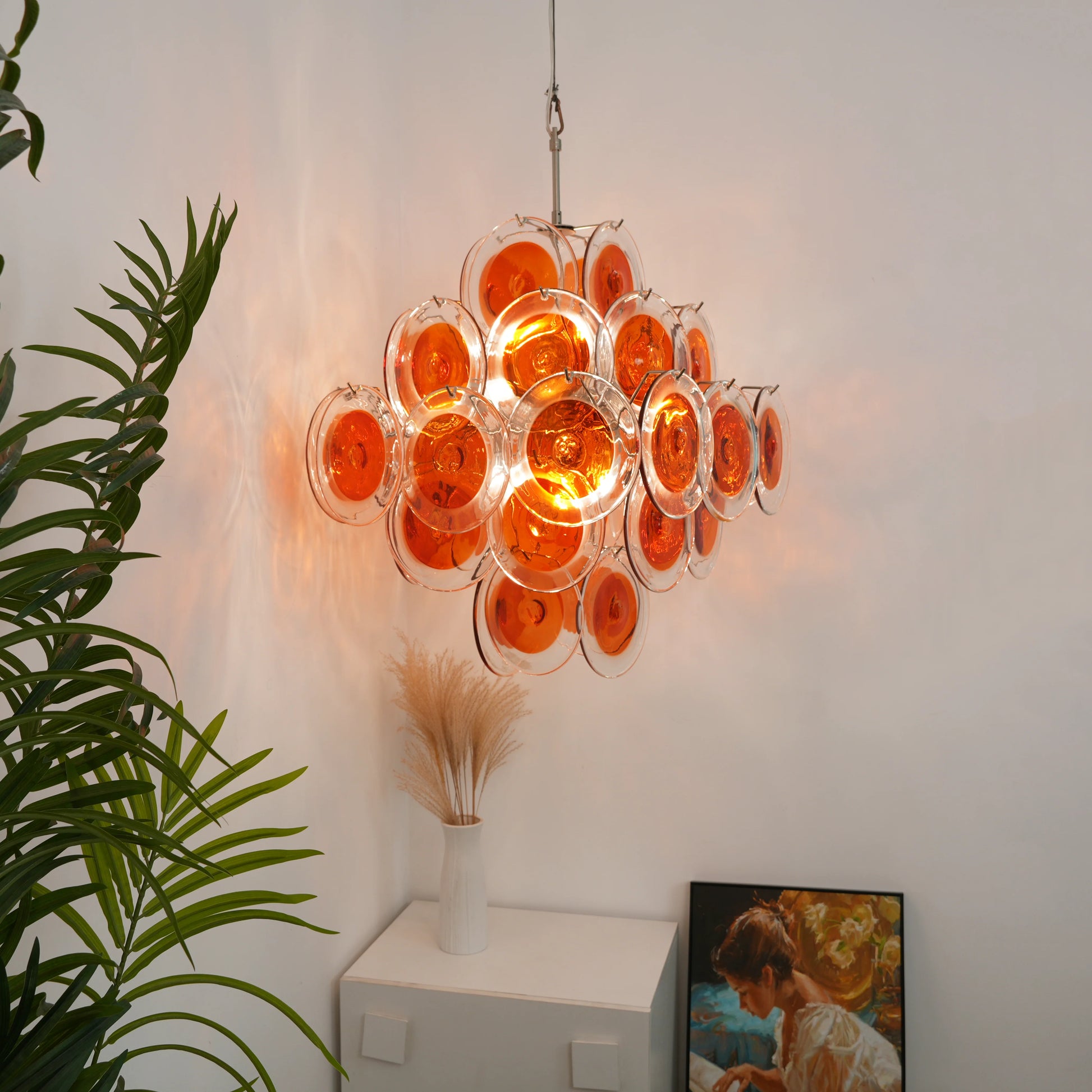 Vintage Murano Orange Brown Transparent Disc Chandelier - Nuvé