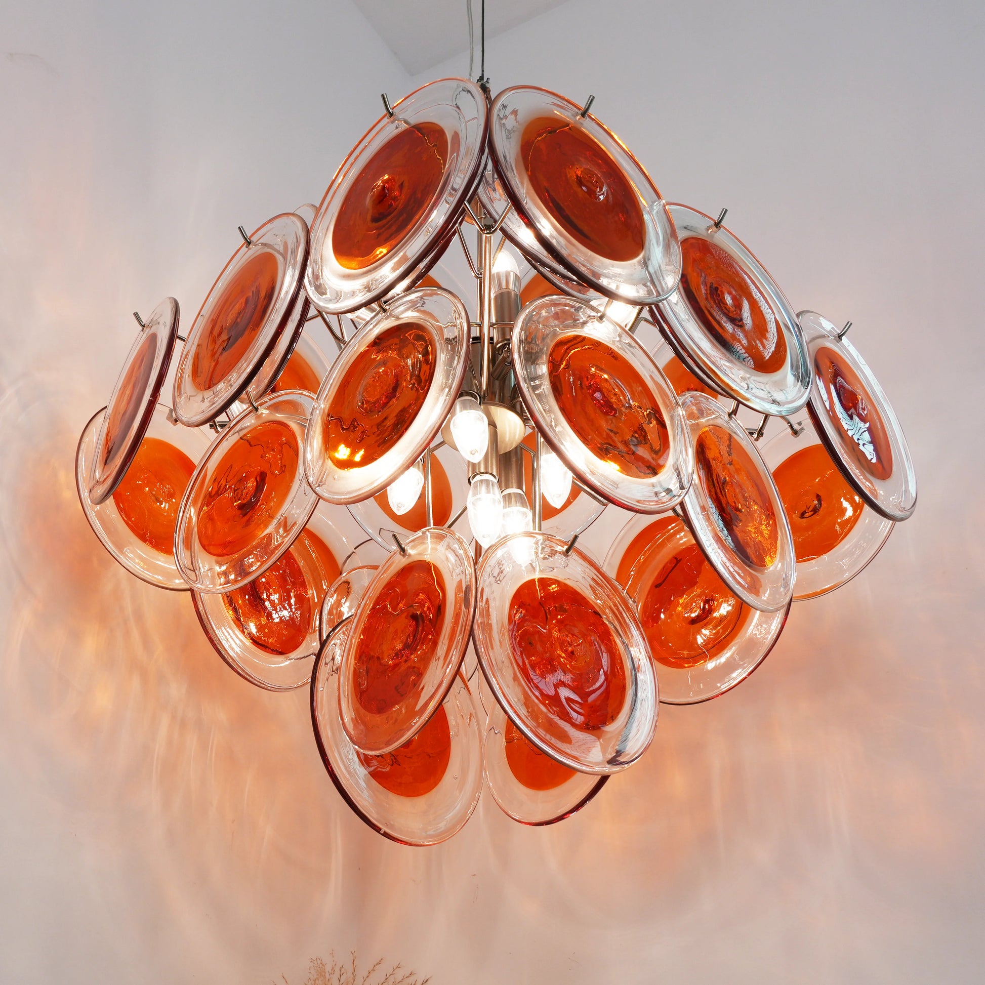 Vintage Murano Orange Brown Transparent Disc Chandelier - Nuvé