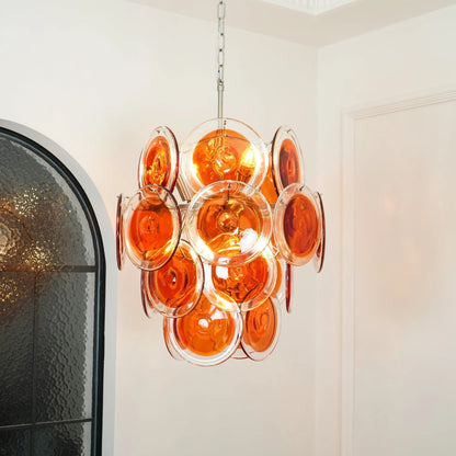 Vintage Murano Orange Transparent Disc Chandelier - Nuvé