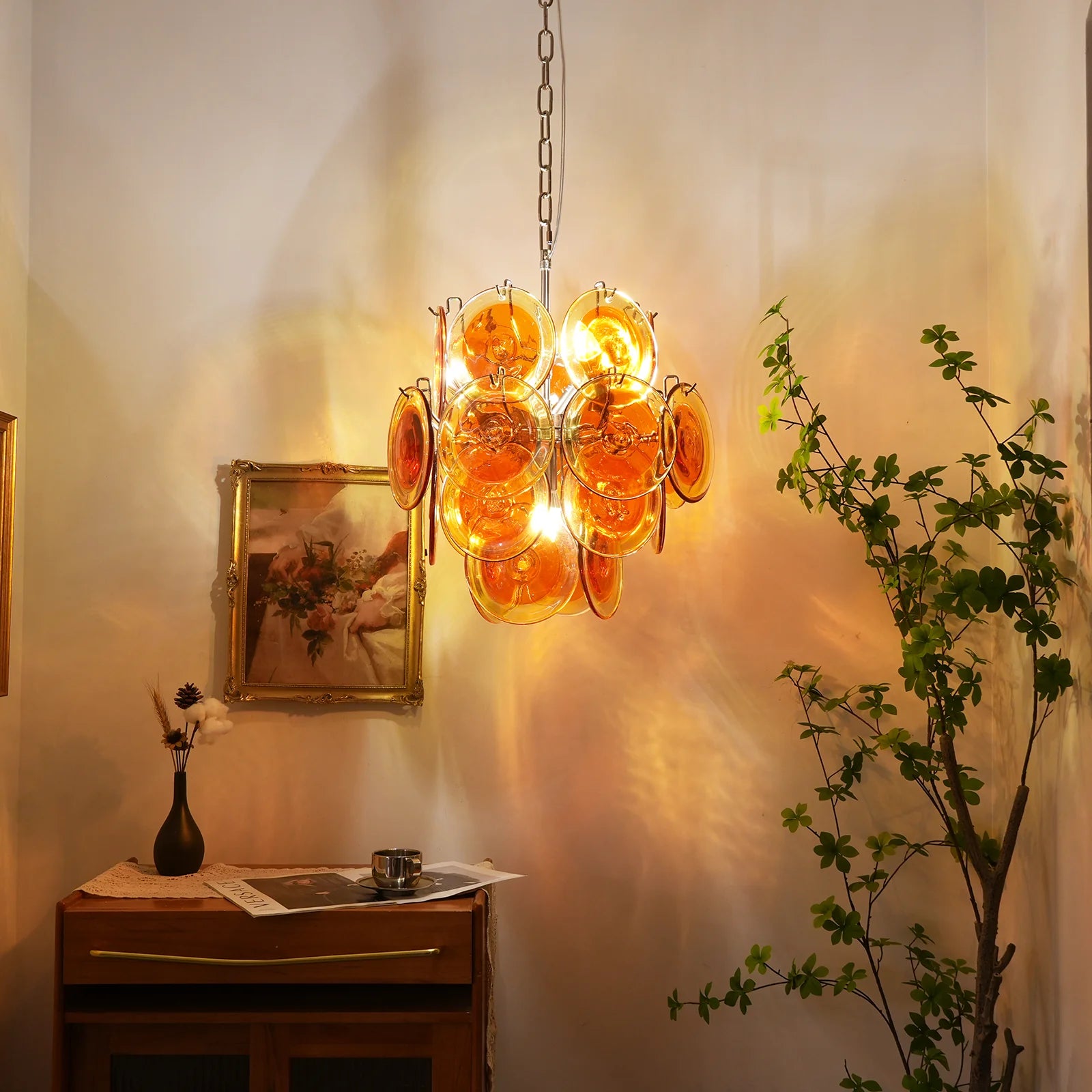 Vintage Murano Orange Transparent Disc Chandelier - Nuvé