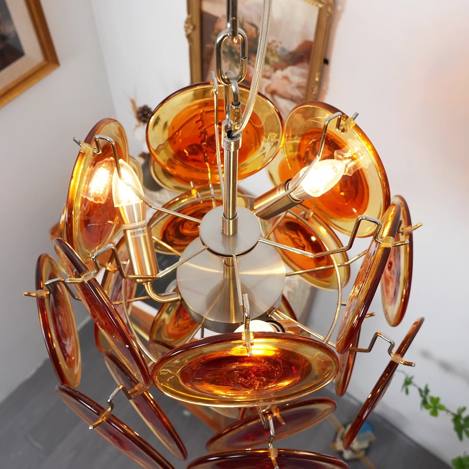 Vintage Murano Orange Transparent Disc Chandelier - Nuvé