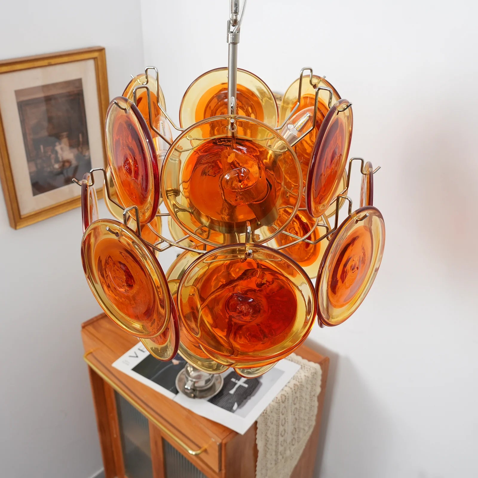 Vintage Murano Orange Transparent Disc Chandelier - Nuvé