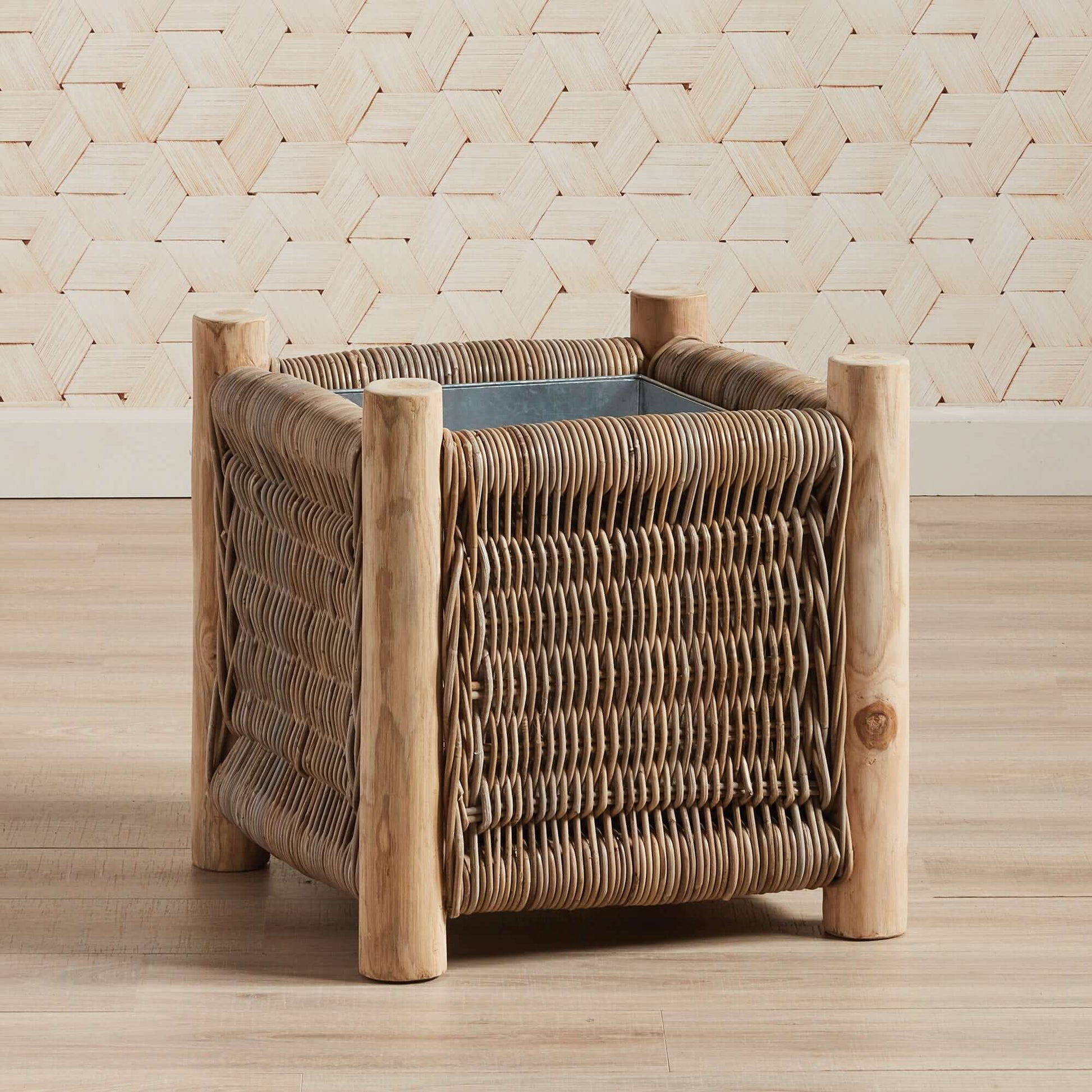 Vintage Rattan Planter with Teak Legs - Nuvé