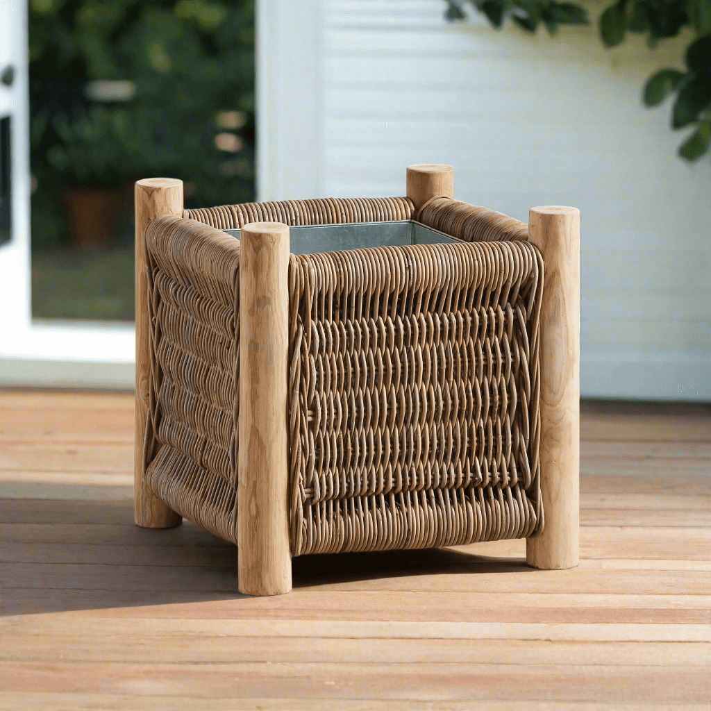 Vintage Rattan Planter with Teak Legs - Nuvé