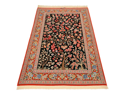 Persian Qom w. silk Tree of Life (4'05"x6'06") black/red - Nuvé