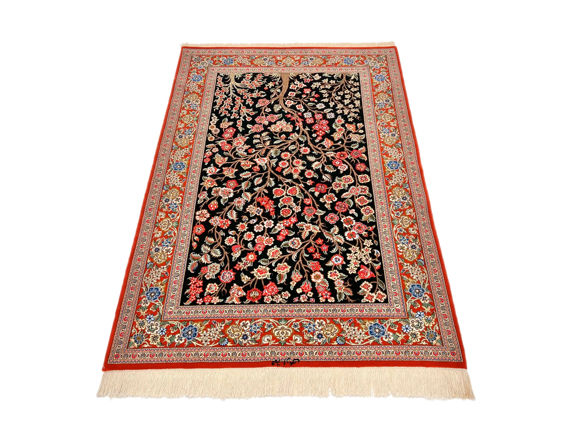 Persian Qom w. silk Tree of Life (4'05"x6'06") black/red - Nuvé