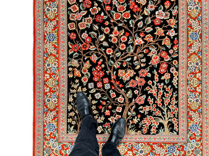 Persian Qom w. silk Tree of Life (4'05"x6'06") black/red - Nuvé