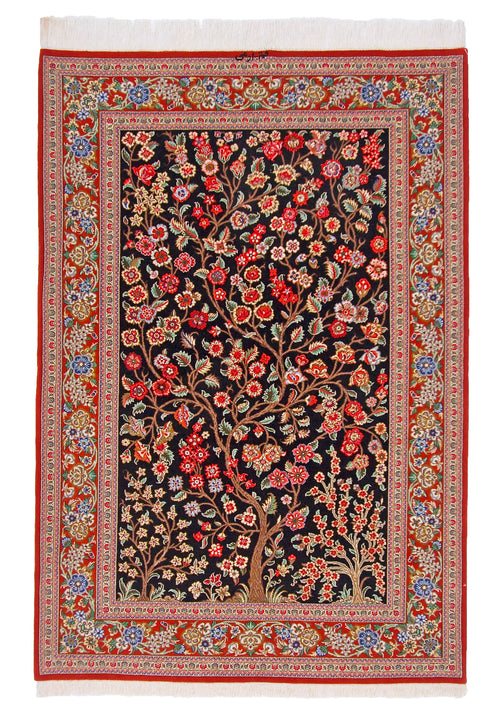 Persian Qom w. silk Tree of Life (4'05"x6'06") black/red - Nuvé