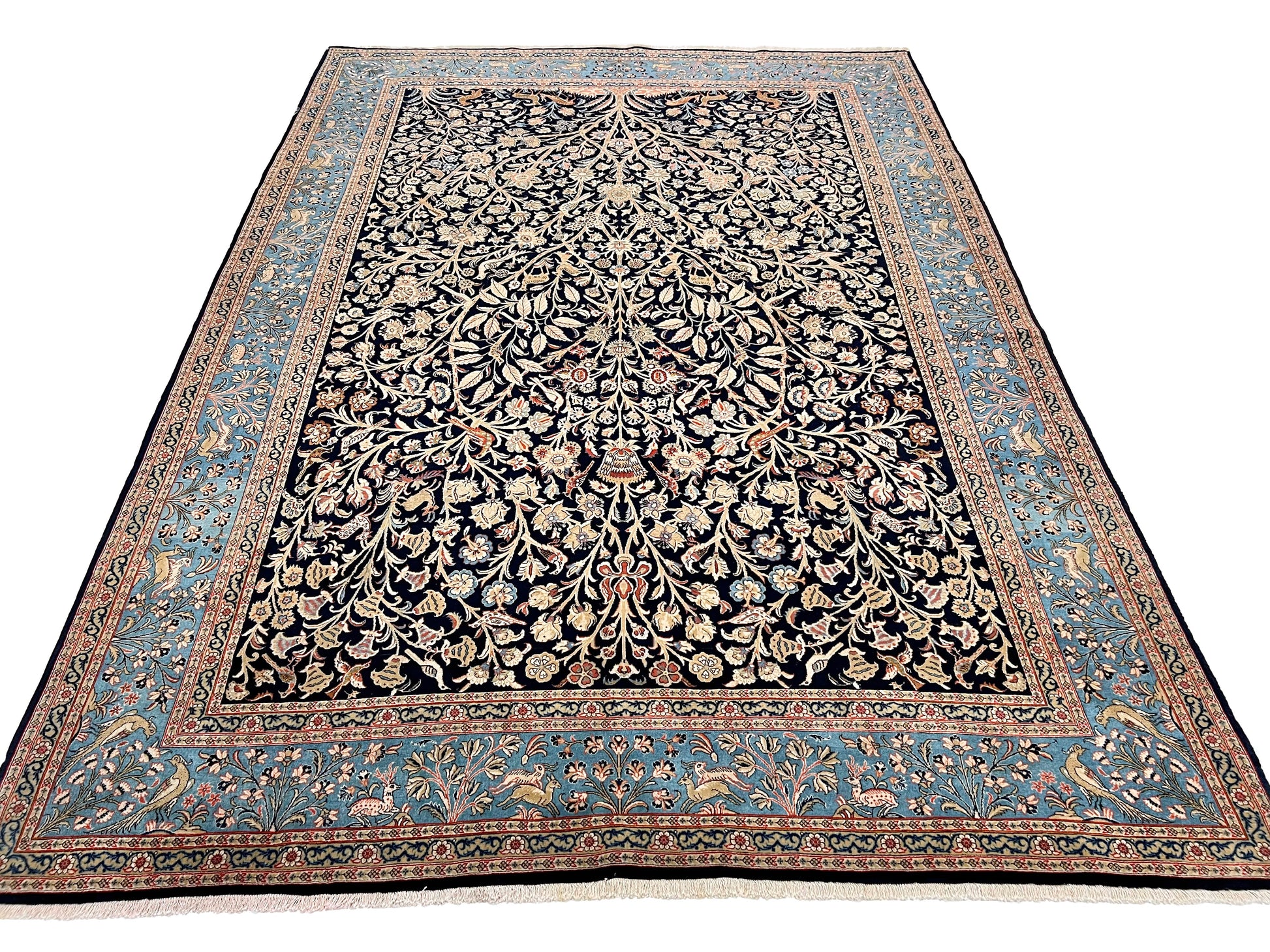 Semi-Antique Persian Qom-Tree of life (8'00" x 11'04") navy/lt.blue - Nuvé