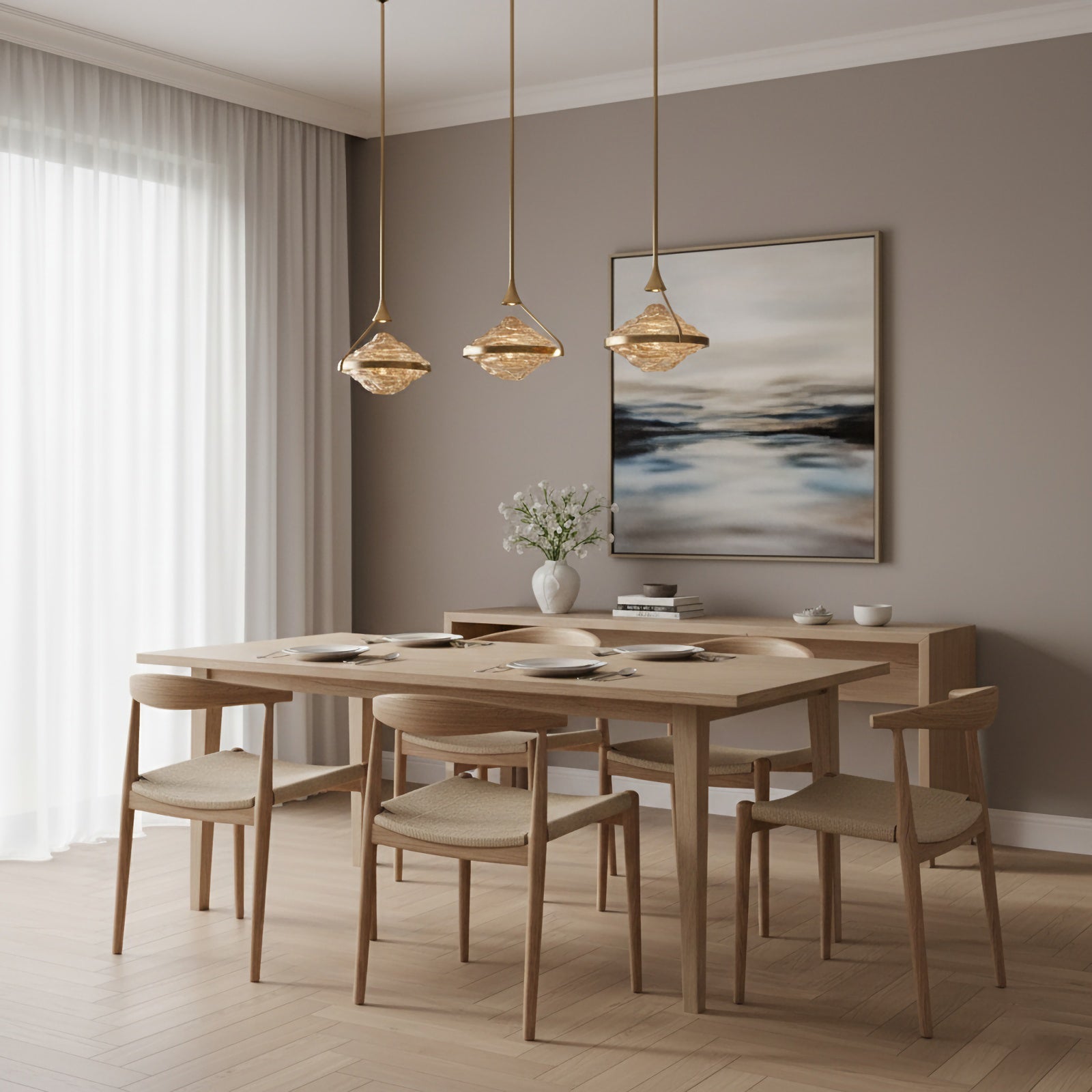 Wavy glass modern pendant light by Korewolamp hanging with a sleek design and soft lighting effect.
