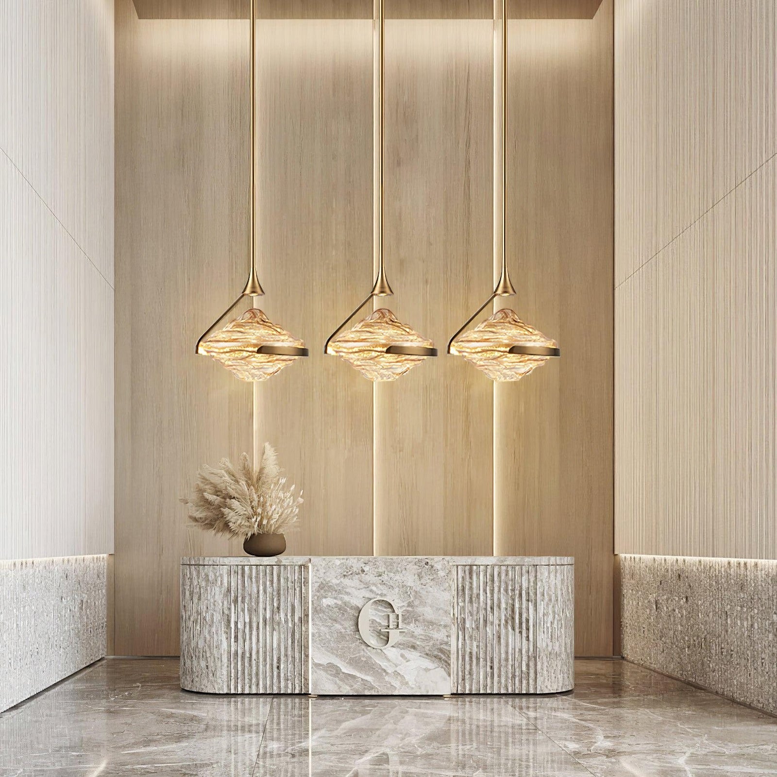 Wavy glass modern pendant light by korewolamp hanging from ceiling with a sleek, contemporary design.
