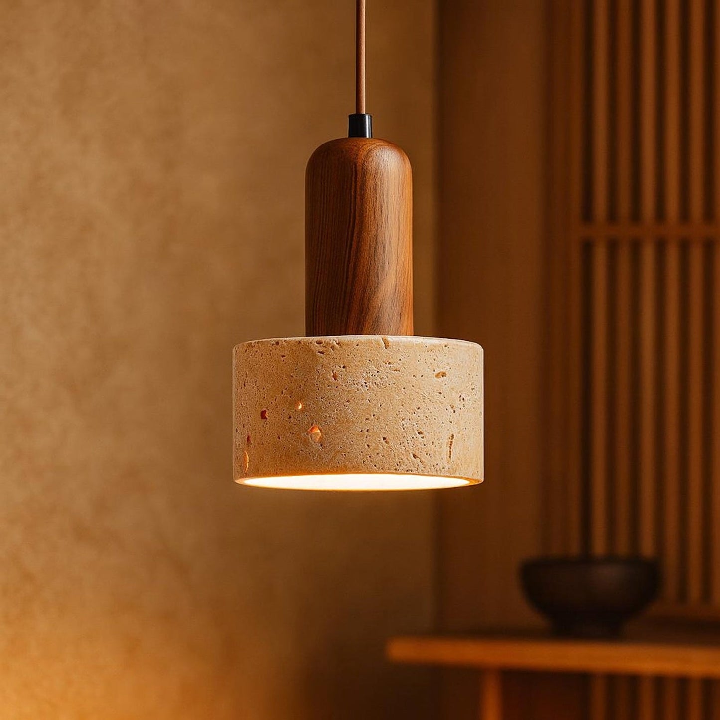 Vintage Round Travertine Wood Pendant Light - Nuvé