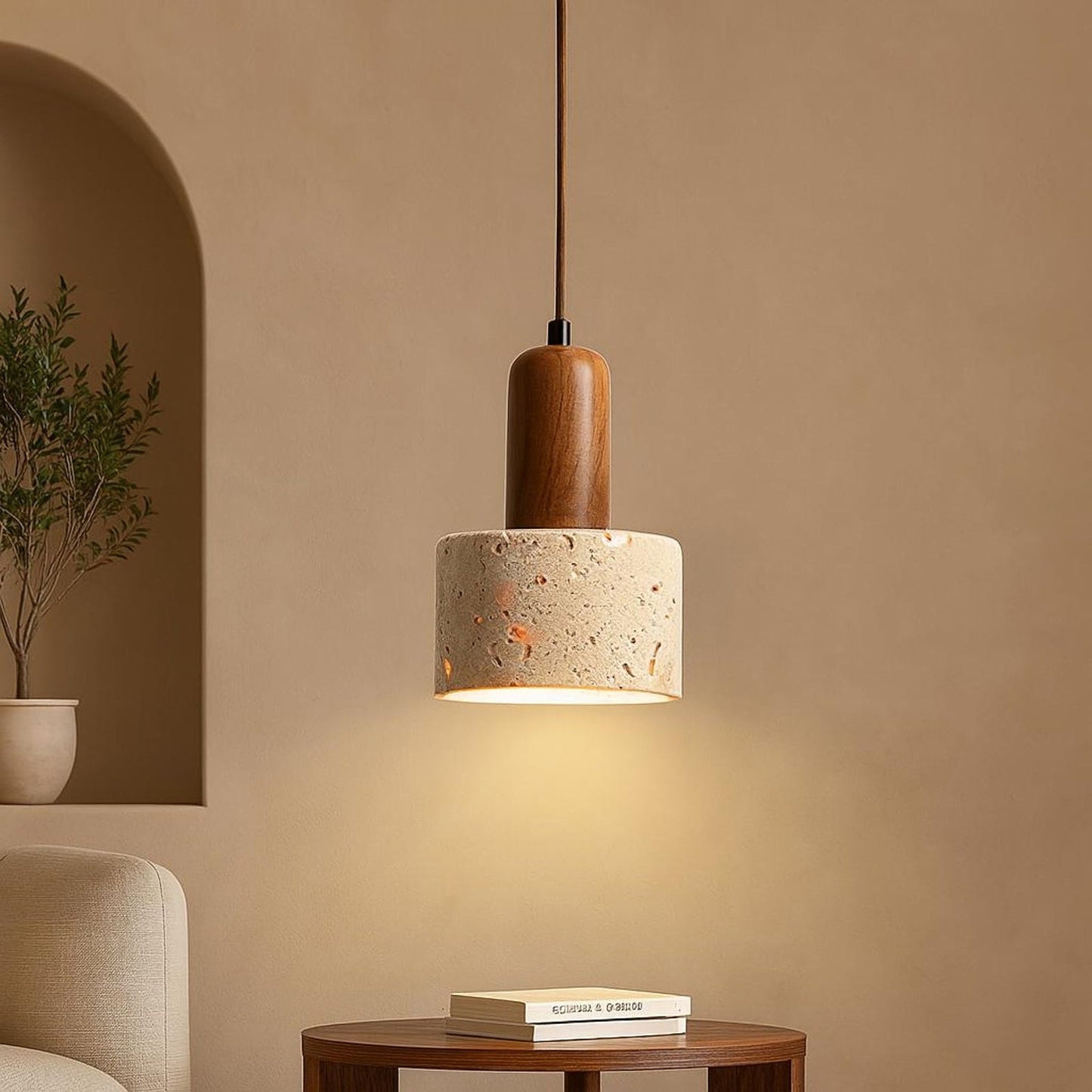 Vintage Round Travertine Wood Pendant Light - Nuvé