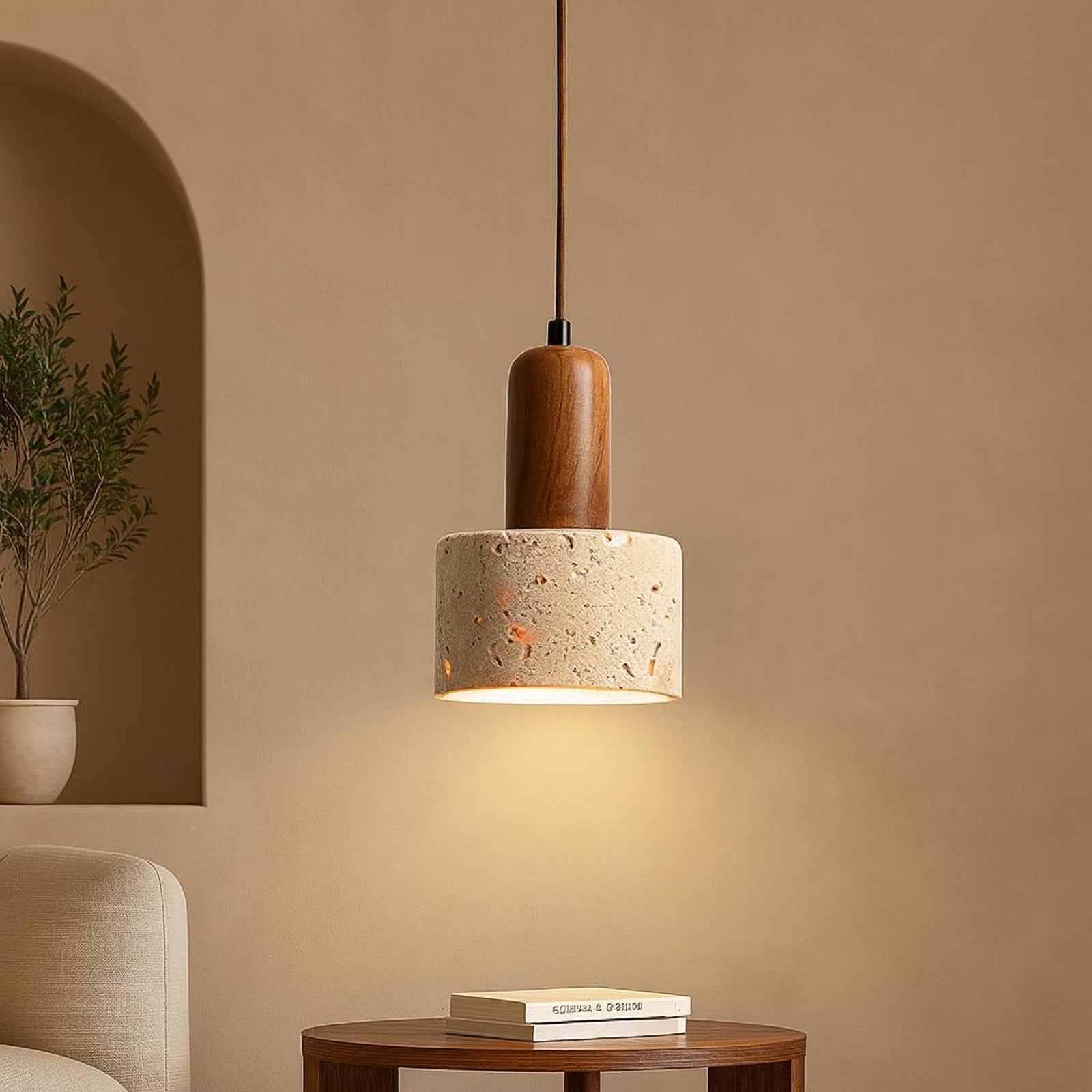 Vintage Round Travertine Wood Pendant Light - Nuvé