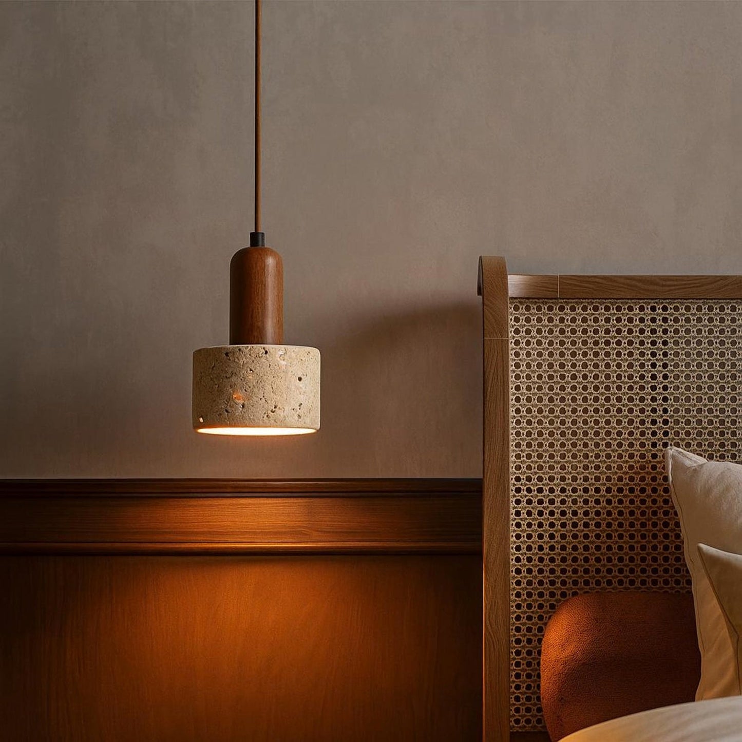 Vintage Round Travertine Wood Pendant Light - Nuvé