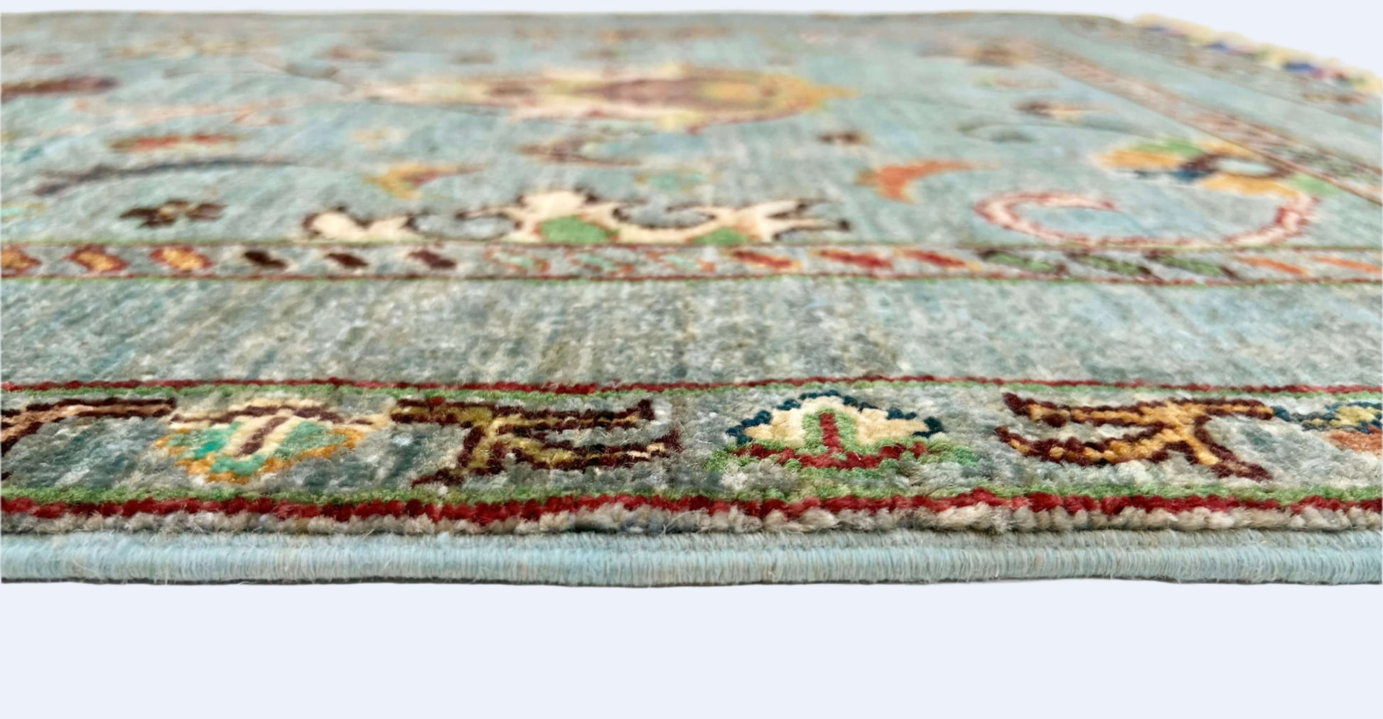 Afghan Khorjin rug by Kirishian Rugs, 2'07" x 4'04", light blue and multicolor traditional design, detailed textile pattern.
