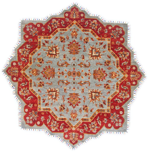 Afghan Made Scalloped Edge Rug (6'07"x6'08") gray/red - Nuvé