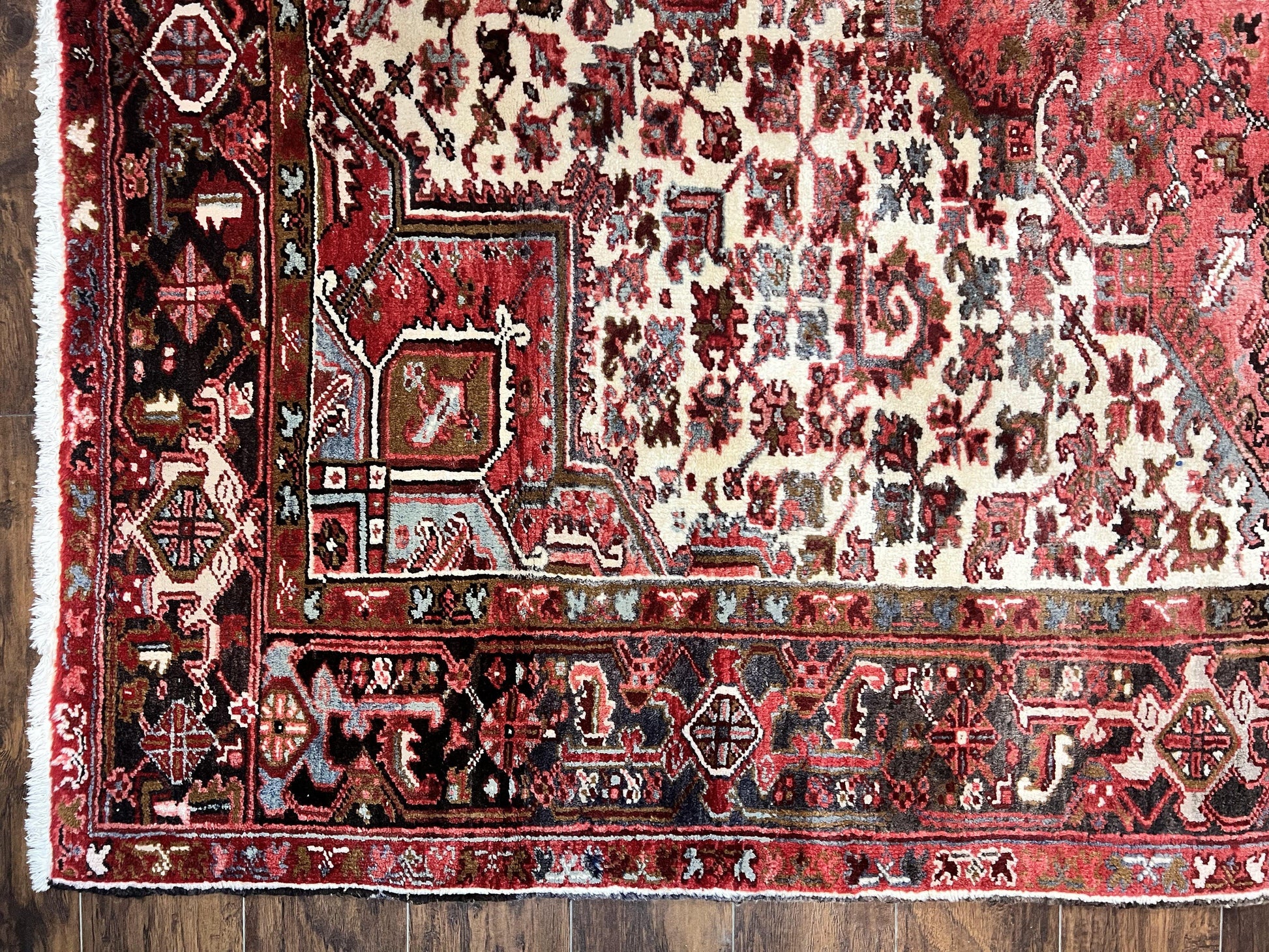 Large Persian Heriz Rug 10x13, Red and Cream Geometric Tribal Room Sized Handmade Wool Hand Knotted Semi Antique Decorative Oriental Carpet - Nuvé