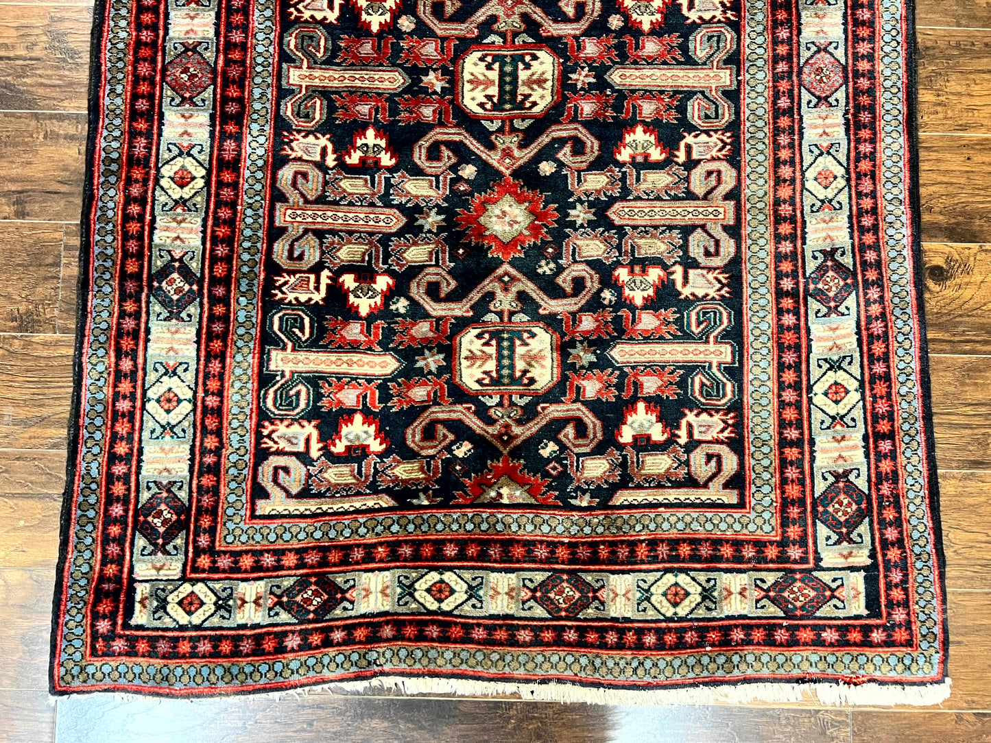 Persian Wide Runner Rug 4.8 x 10, Persian Kalegi Ardabil Rug, Perpedil Caucasian Rug, Antique Handmade Wool Carpet, Navy Blue Red, Tribal Rug