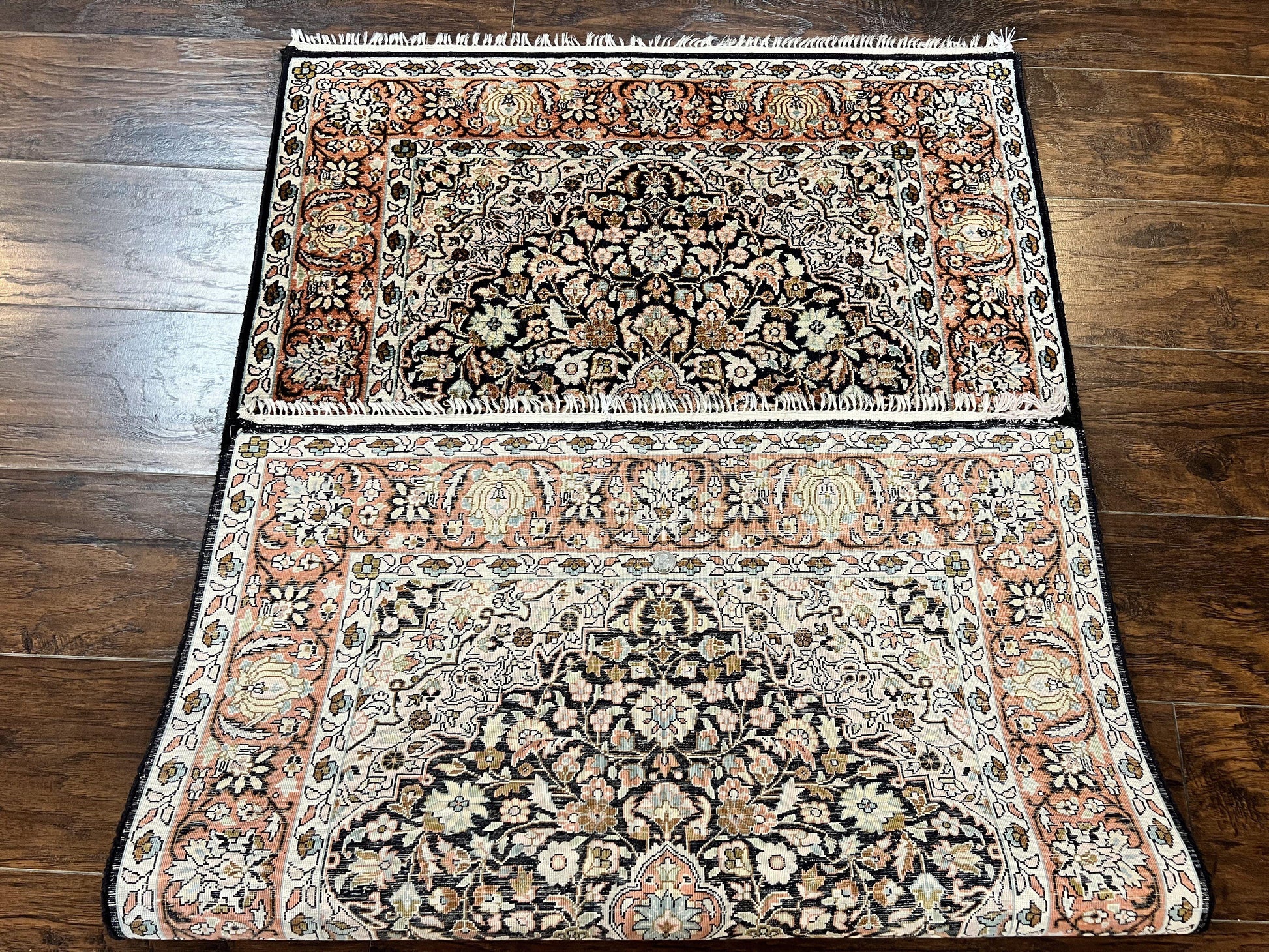 Silk Indian Kashmiri Rug 3x5, Indo Persian Silk on Silk Carpet, Very Fine 350 KPSI, Navy Blue, Handmade, Floral Medallion - Nuvé