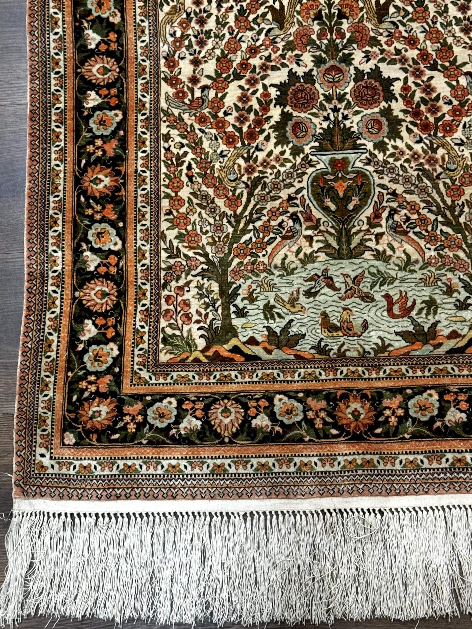 Exceptional Silk Rug 2.6 x 4, Very Fine 630 KPSI, Persian Vase Tree of Life Bird Pictorials, Handmade - Nuvé