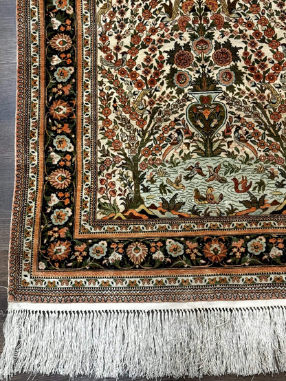 Exceptional Silk Rug 2.6 x 4, Very Fine 630 KPSI, Persian Vase Tree of Life Bird Pictorials, Handmade - Nuvé