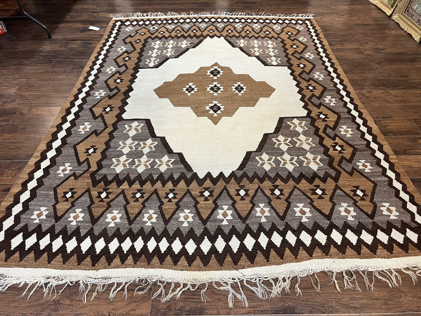 Antique Persian Fars Kilim Rug 8x11, Wool, Boho Tribal Persian Shiraz Flatweave Carpet, Semi Open Field, Geometric, Handmade, Vintage Semi Antique - Nuvé