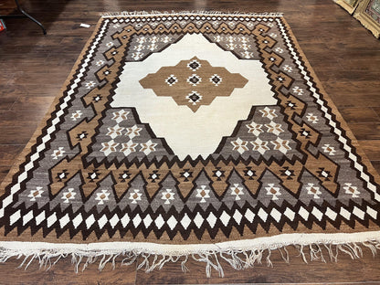 Antique Persian Fars Kilim Rug 8x11, Wool, Boho Tribal Persian Shiraz Flatweave Carpet, Semi Open Field, Geometric, Handmade, Vintage Semi Antique
