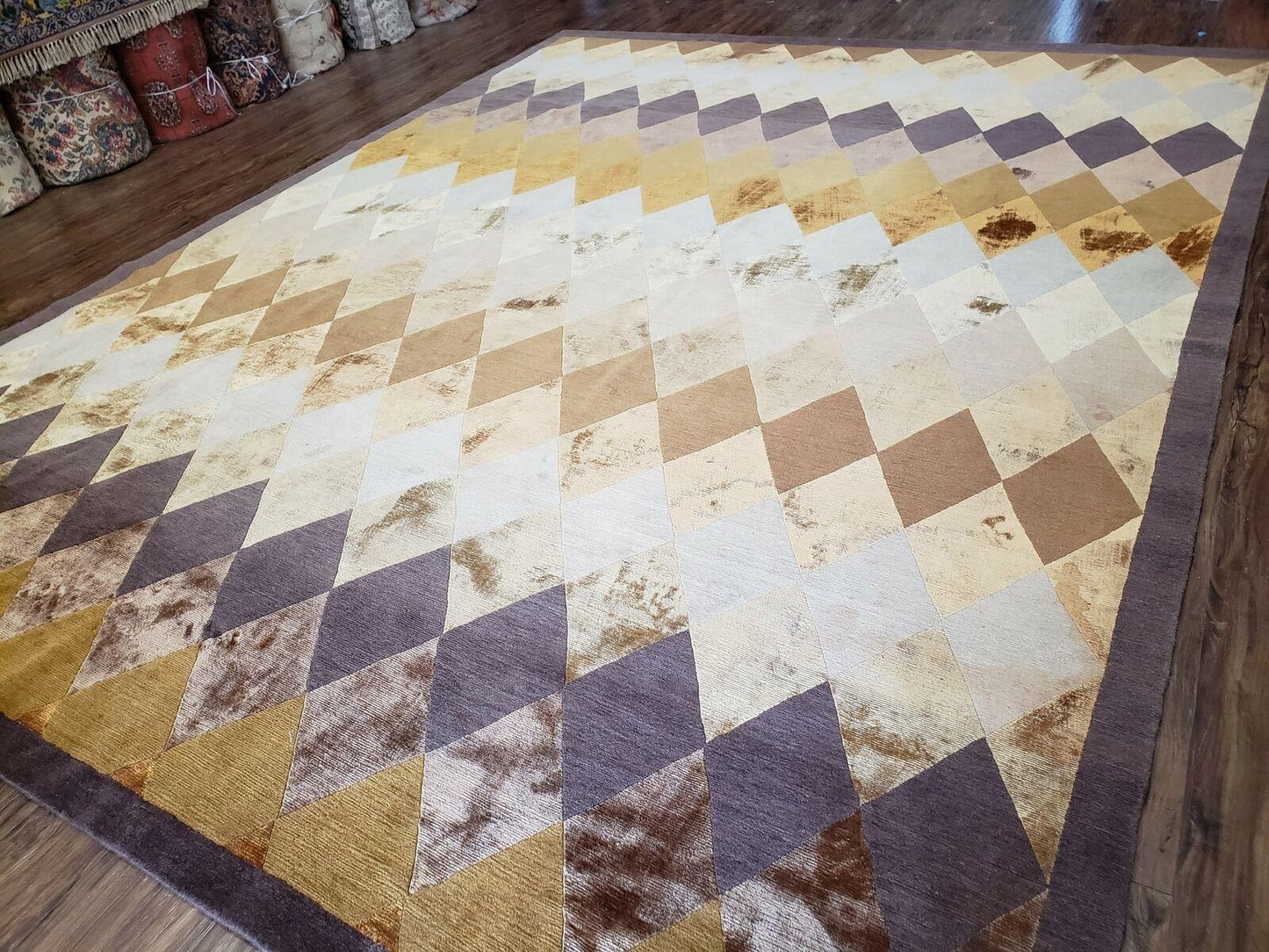 8' 6" X 11' Handmade Chinese Tibetan Nepal Silk & Wool Rug Gold Brown Tan Beige - Nuvé