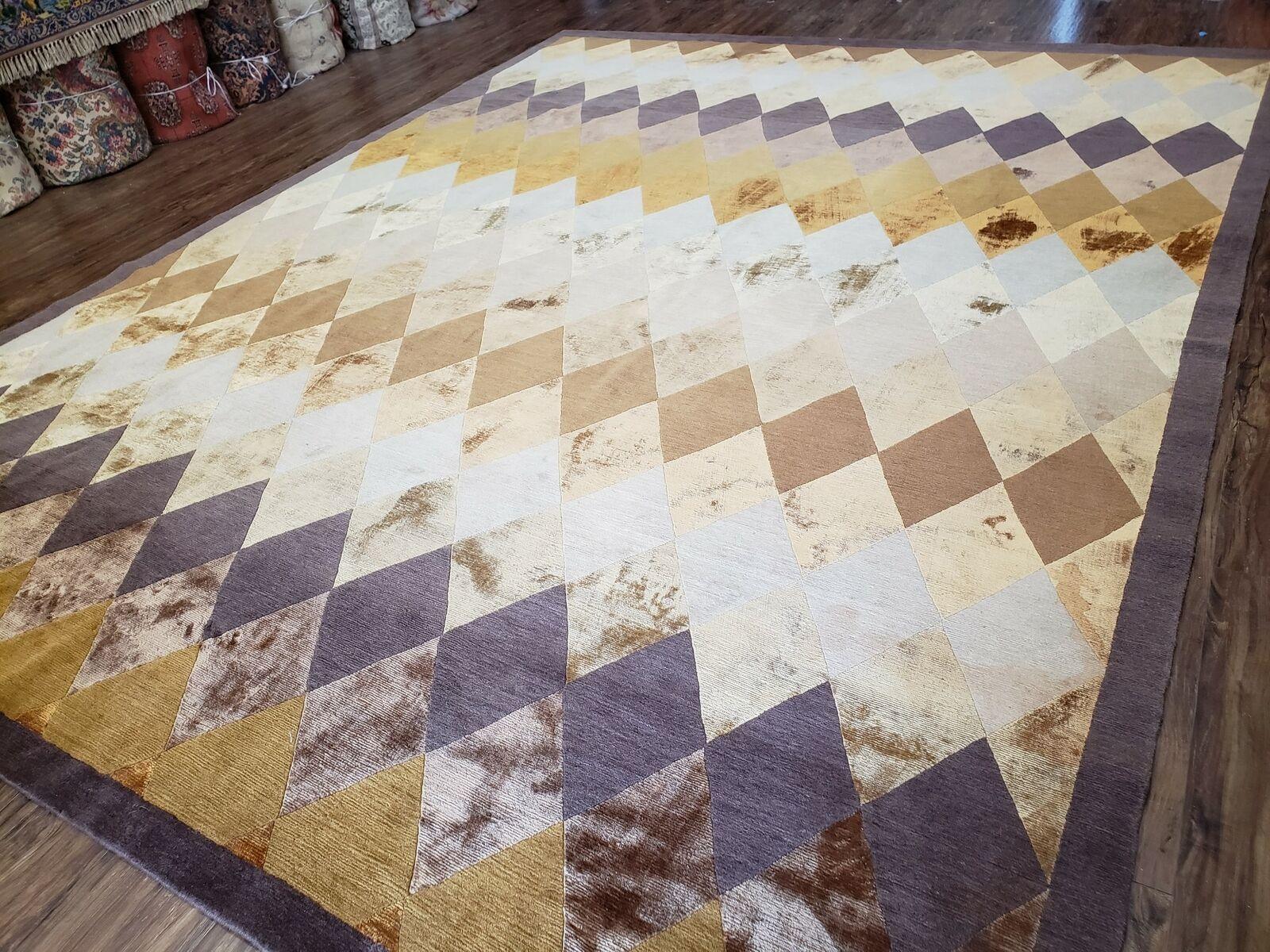 8' 6" X 11' Handmade Chinese Tibetan Nepal Silk & Wool Rug Gold Brown Tan Beige - Nuvé