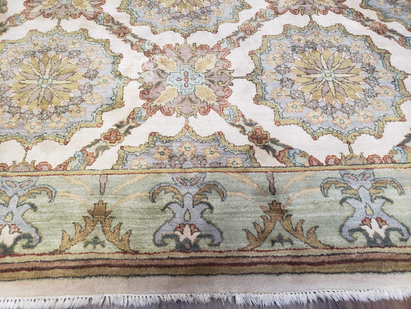 Indo Sultanabad Area Rug 8 x 9.5, Wool Hand-Knotted Ivory Green Teal Decorative Rug, Floral Panel Carpet, Indian Rug, 8 x 10 Bedroom Rug - Nuvé