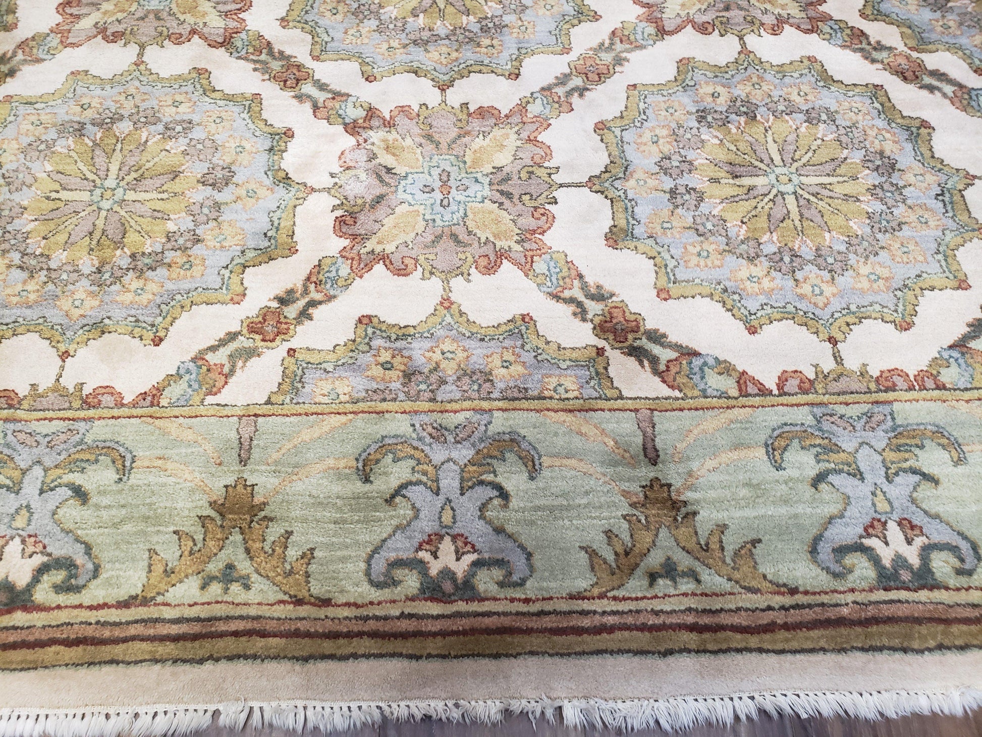 Indo Sultanabad Area Rug 8 x 9.5, Wool Hand-Knotted Ivory Green Teal Decorative Rug, Floral Panel Carpet, Indian Rug, 8 x 10 Bedroom Rug - Nuvé