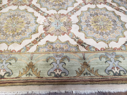 Indo Sultanabad Area Rug 8 x 9.5, Wool Hand-Knotted Ivory Green Teal Decorative Rug, Floral Panel Carpet, Indian Rug, 8 x 10 Bedroom Rug - Nuvé