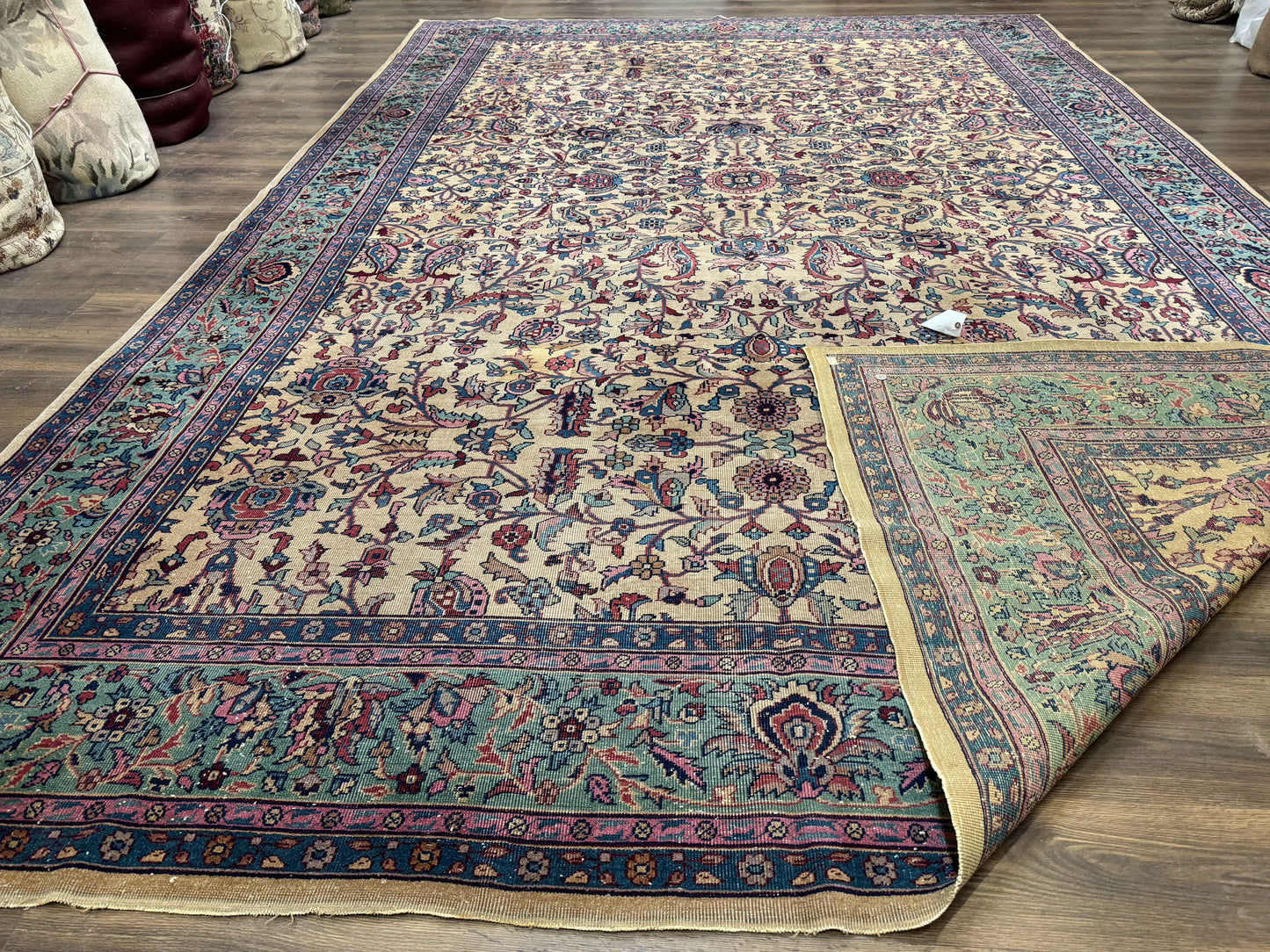 Antique Persian Rug 10x15, Camel and Cyan, Allover Pattern, Rare, Samarkand Rug - Nuvé