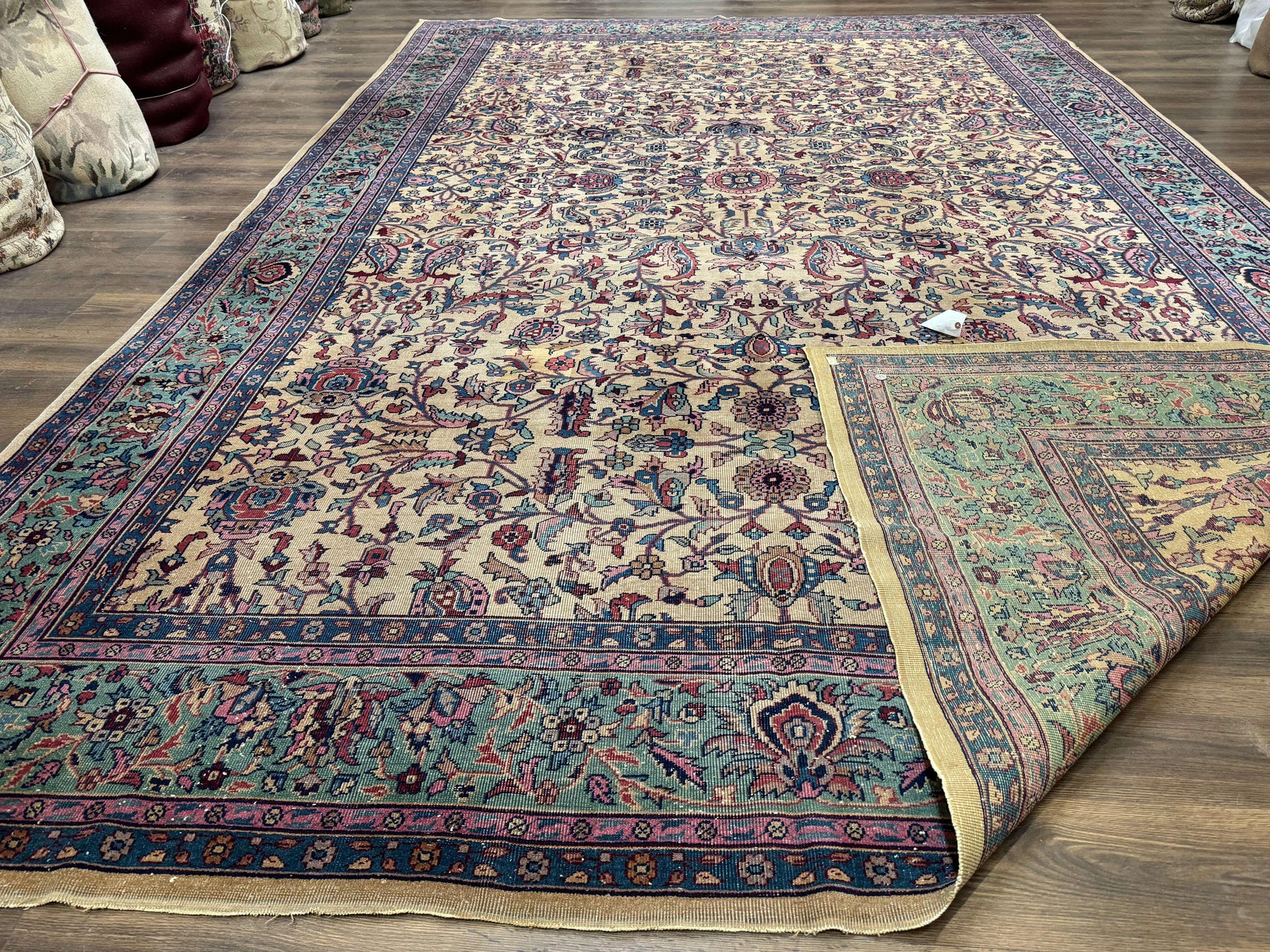 Antique Persian Rug 10x15, Camel and Cyan, Allover Pattern, Rare, Samarkand Rug - Nuvé
