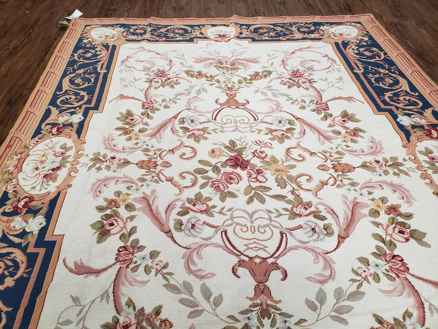 Chinese Aubusson Savonnerie Area Rug 6x8, Vintage Hand-Woven Needlepoint Rug, Flat Weave Handmade Wool Carpet Living Room Ivory & Navy Blue - Nuvé