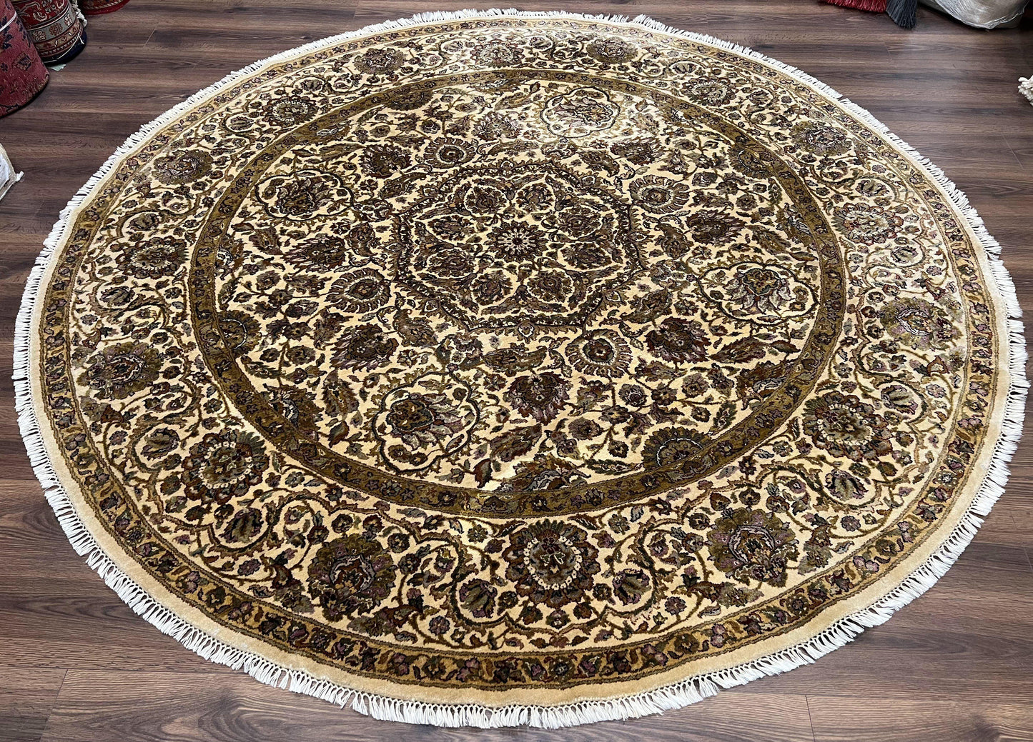 Round Indo Persian Rug 8x8 ft, Large Hand Knotted Vintage Wool Circular Carpet, 8ft Round Oriental Rug, Floral Medallion, Cream and Green
