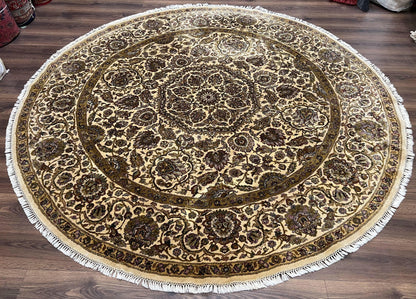 Round Indo Persian Rug 8x8 ft, Large Hand Knotted Vintage Wool Circular Carpet, 8ft Round Oriental Rug, Floral Medallion, Cream and Green