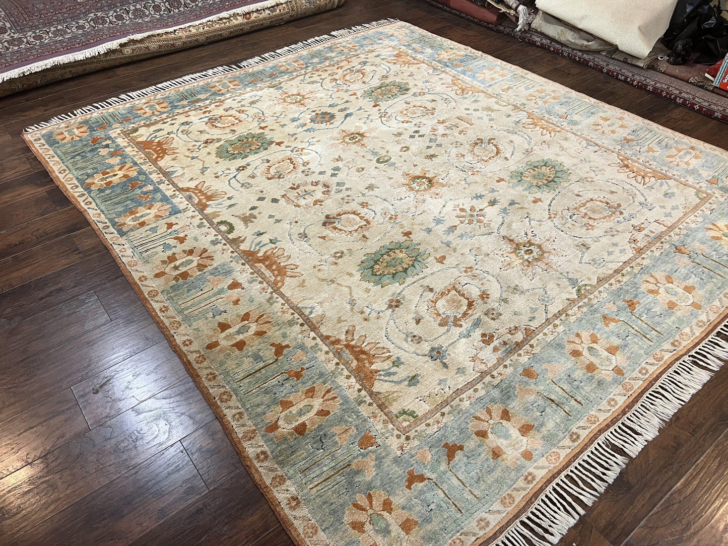 Turkish Oushak Rug 9x10, Farmhouse Rug, Beige & Light Blue - Nuvé