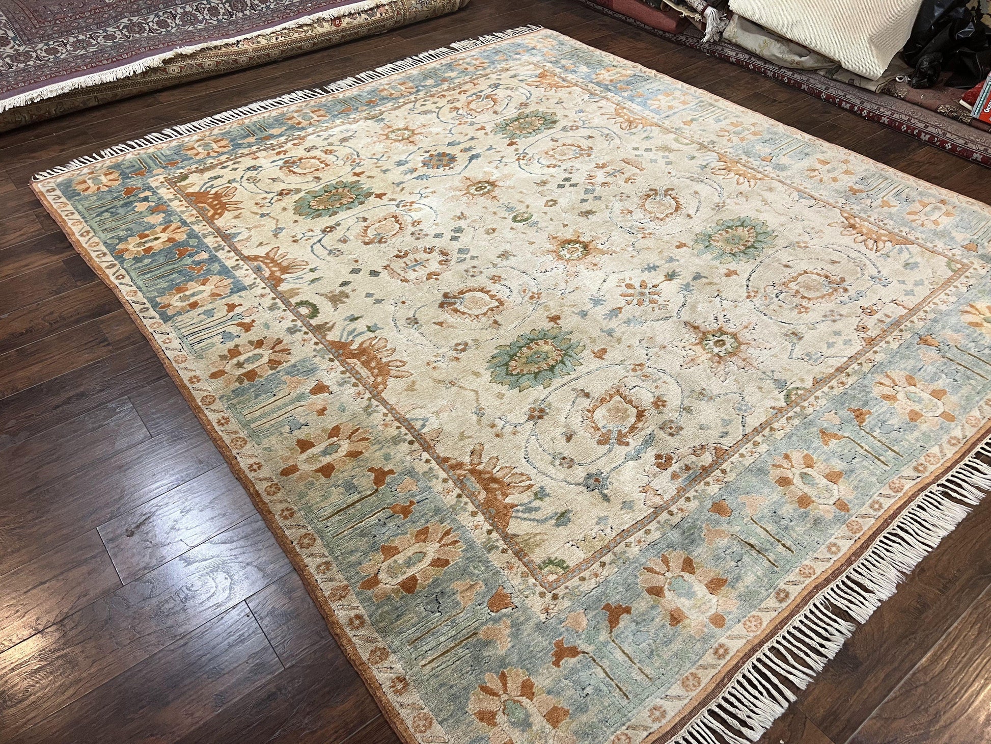 Turkish Oushak Rug 9x10, Farmhouse Rug, Beige & Light Blue - Nuvé