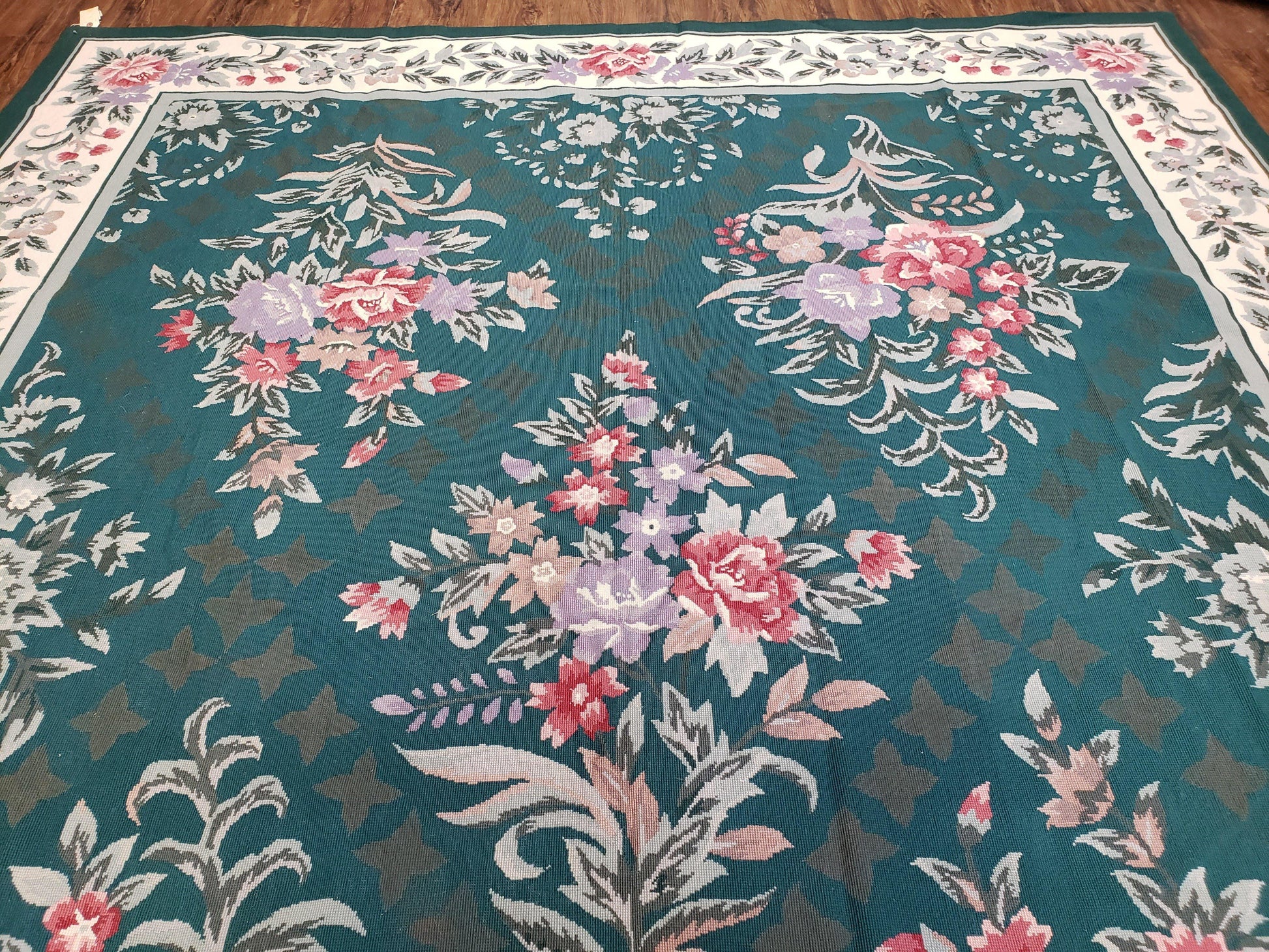 Chinese Needlepoint Rug 8x10, Vintage Green Area Rug, Hand-Woven Flatweave Floral European Design Carpet Wool Handmade 8x 10 Living Room Rug - Nuvé