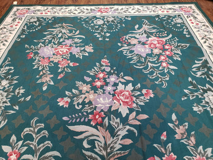 Chinese Needlepoint Rug 8x10, Vintage Green Area Rug, Hand-Woven Flatweave Floral European Design Carpet Wool Handmade 8x 10 Living Room Rug - Nuvé