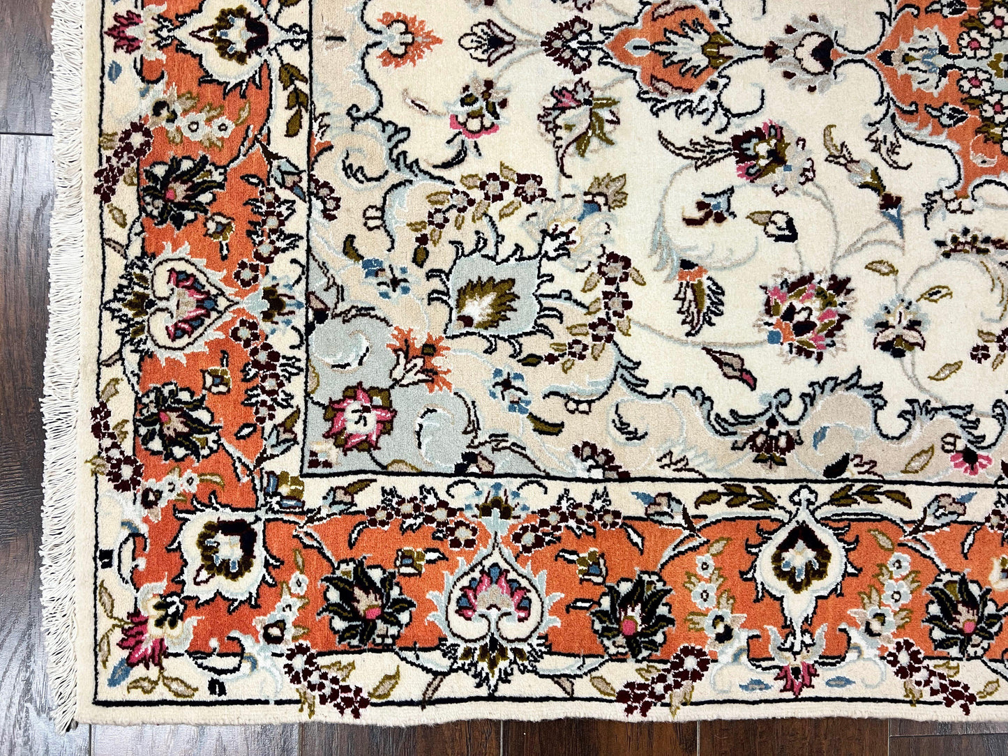 Persian Tabriz Rug 4.5  x 6.8, Finely Hand Knotted Wool with Silk Highlights Vintage Oriental Carpet, Cream and Salmon, High KPSI, Floral Medallion - Nuvé