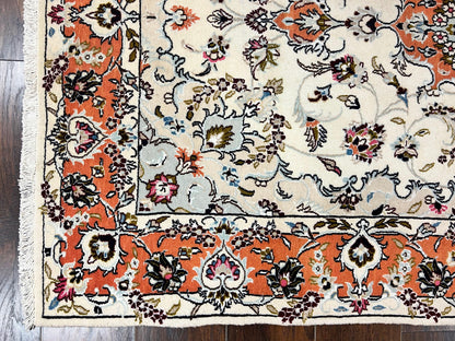 Persian Tabriz Rug 4.5  x 6.8, Finely Hand Knotted Wool with Silk Highlights Vintage Oriental Carpet, Cream and Salmon, High KPSI, Floral Medallion - Nuvé