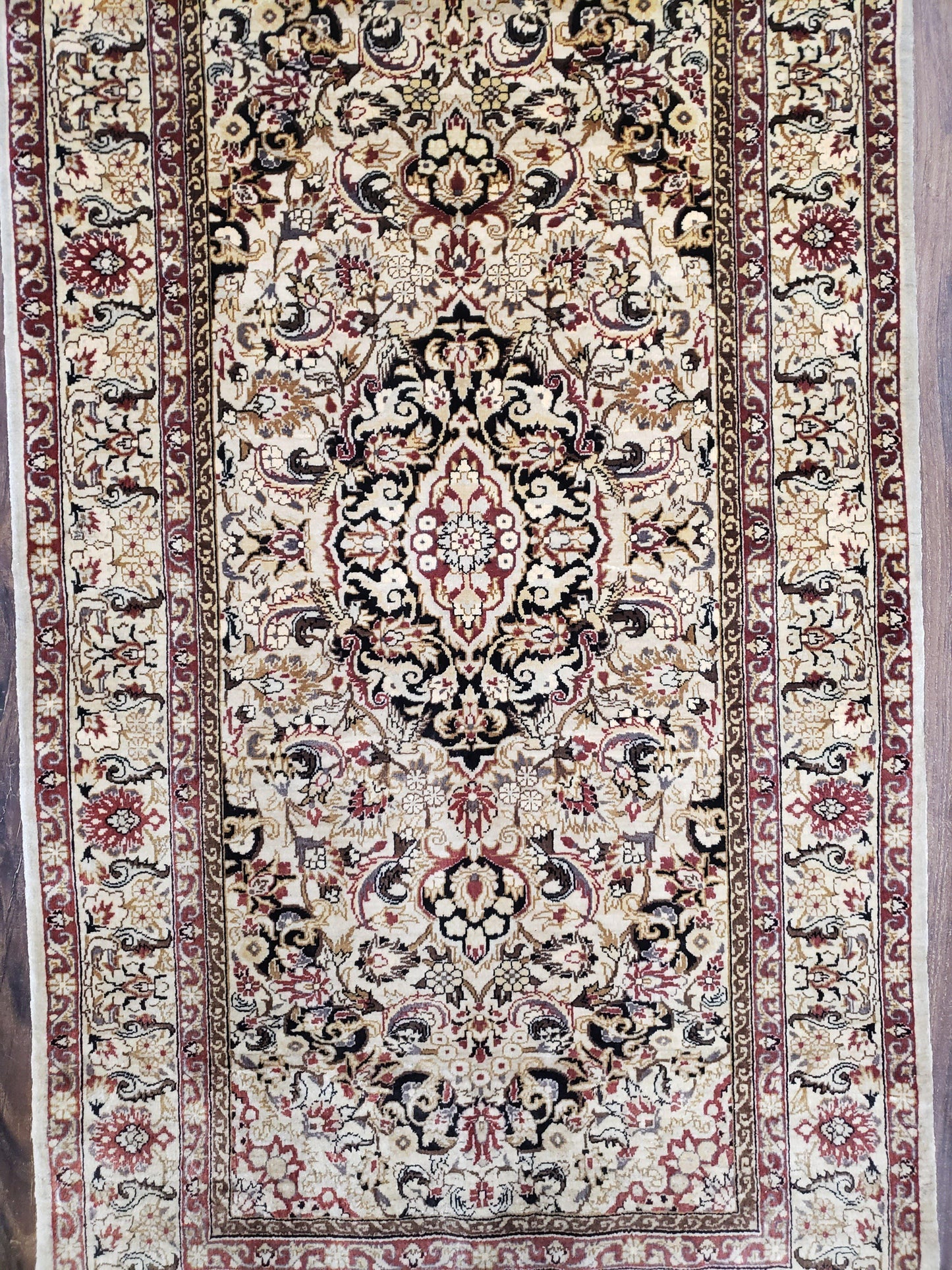 Silk Oriental Rug 1' 7" x 3', Very Fine Silk Carpet, Small Silk Rug, Traditional Floral Medallion, Hand-Knotted Cream Beige Vintage Silk Rug - Nuvé