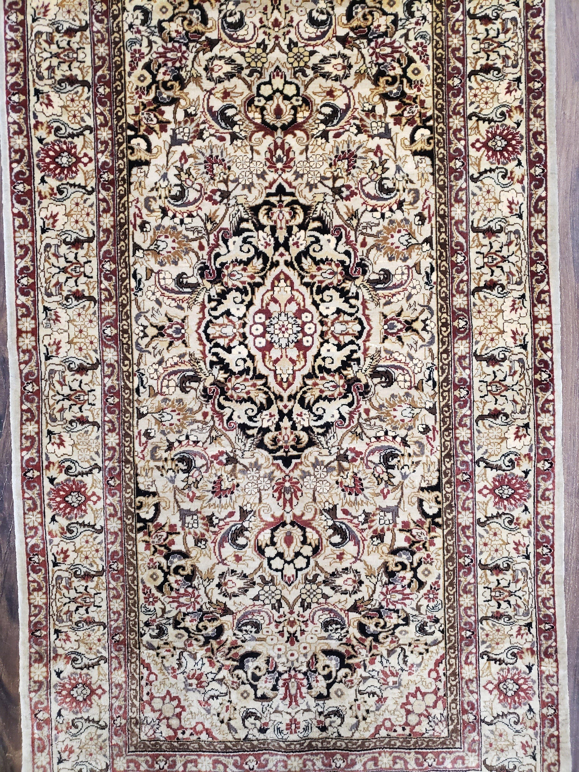 Silk Oriental Rug 1' 7" x 3', Very Fine Silk Carpet, Small Silk Rug, Traditional Floral Medallion, Hand-Knotted Cream Beige Vintage Silk Rug - Nuvé