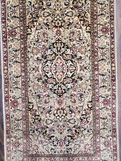 Silk Oriental Rug 1' 7" x 3', Very Fine Silk Carpet, Small Silk Rug, Traditional Floral Medallion, Hand-Knotted Cream Beige Vintage Silk Rug - Nuvé