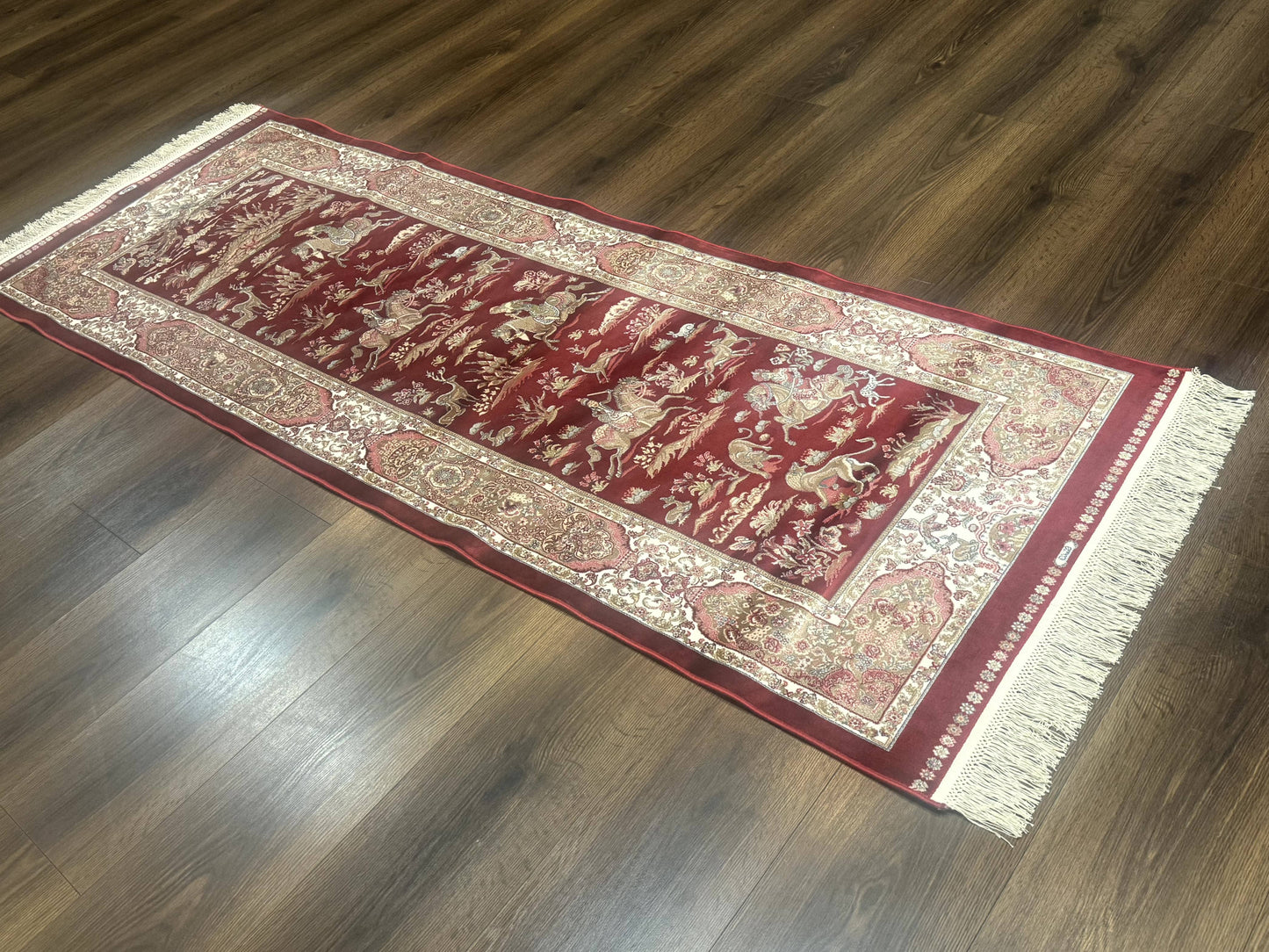 Turkish Silk Rug 2.6 x 6.7, Hunting Design, Short Runner Rug, Red & Ivory, Bamboo Silk, New - Nuvé