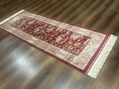 Turkish Silk Rug 2.6 x 6.7, Hunting Design, Short Runner Rug, Red & Ivory, Bamboo Silk, New - Nuvé